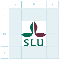 Runt SLU:s logotyp finns en frizon som är halva logotypens bredd alt höjd. Illustration.