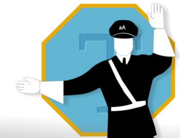 Polis som gör stopptecken. I bakgrunden en blå vägskylt. Illustration.