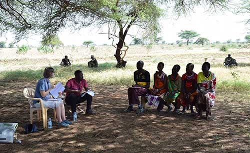 A focus group interview with herders in Napak, northeast Uganda, February 2022. Interviewing are Barbara Schumann, Linnaeus University and Kuule Derrick, Makerere University, Uganda.