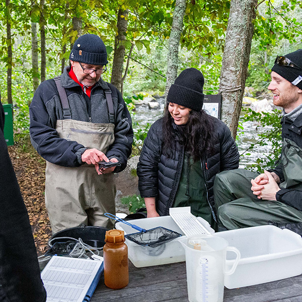 Man och ungdomar vid bord i skogen tittar på fiskar. Foto. 