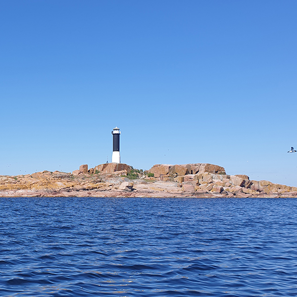 Ö med fyr i havet. Foto.