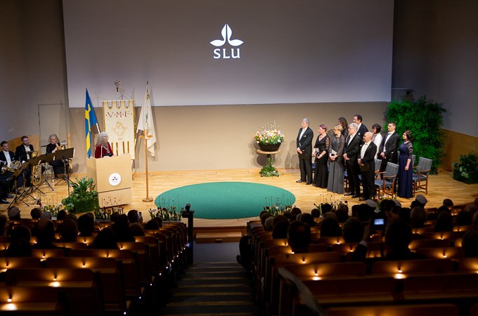 Picture of the inauguration ceremony. SLU's Vice-Chancellor at the lectern, the professors standing up at the stage.