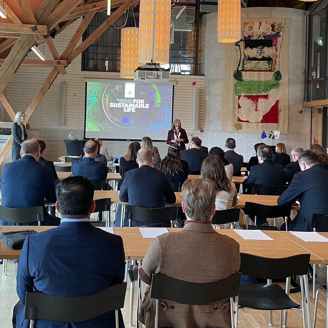 Personer sitter i ett rum och lyssnar på en presentation. Foto.
