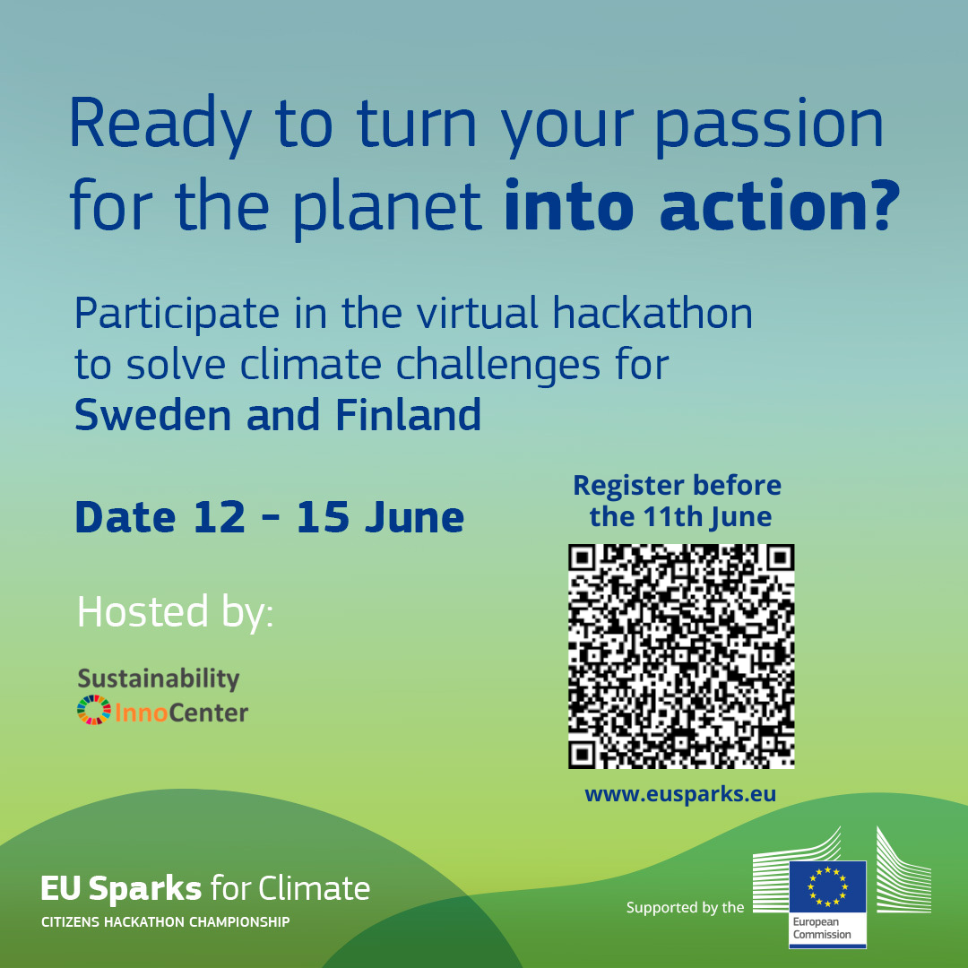 Text on blue green backround and a QR code