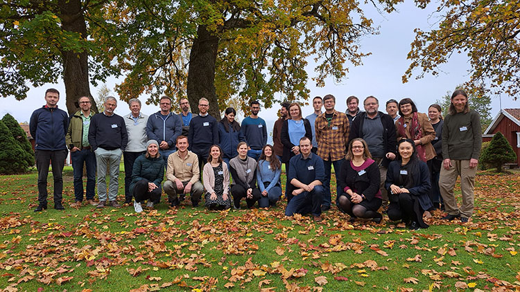 Group of people in autumn landscape. Photo.