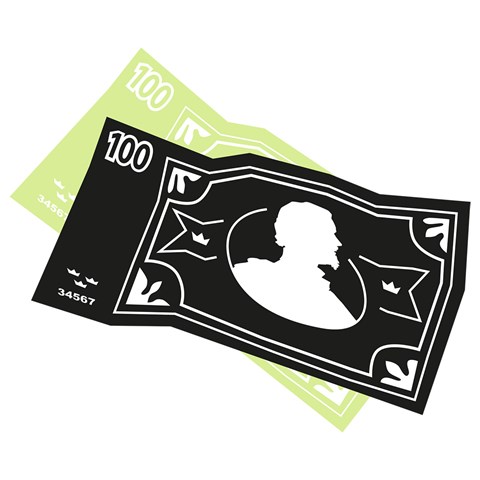 A black banknote lying on top of a green banknote. Illustration.