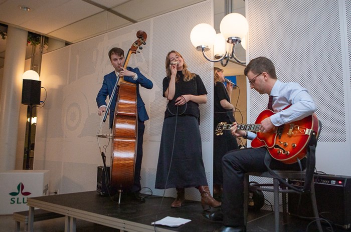 Three persons on a small stage, one of them with a double bass, one of them singing in a microphone and one sitting playing on a red guitar. 