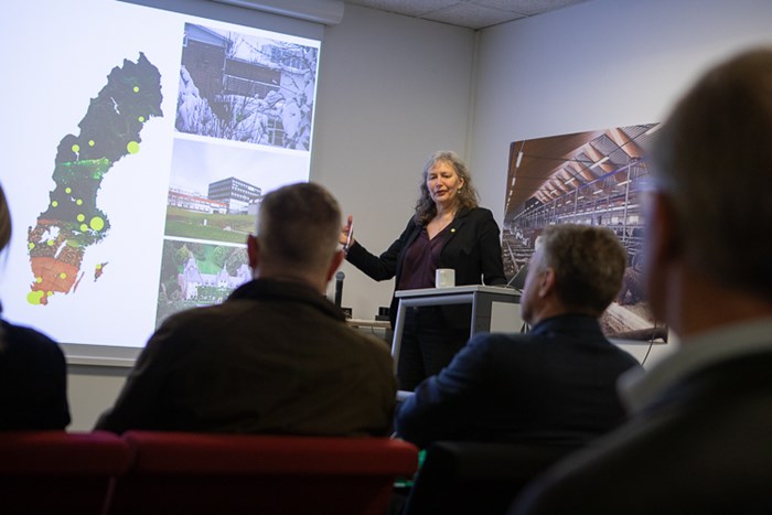 En kvinna i lockigt hår står och talar, visar en presentation med en Sverigekarta. I förgrunden siluetter av publik.