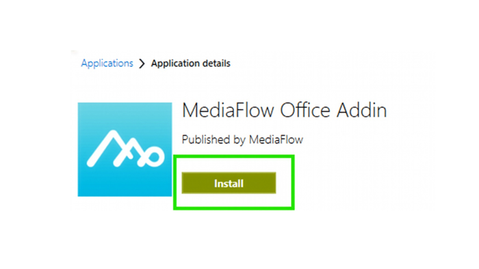 Software Center visar MediaFlow Office Addin med knappen Installera markerad.
