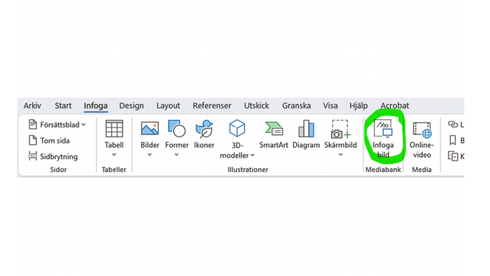 Fliken Infoga i Microsoft Word med knappen Infoga bild från SLU:s mediabank markerad.