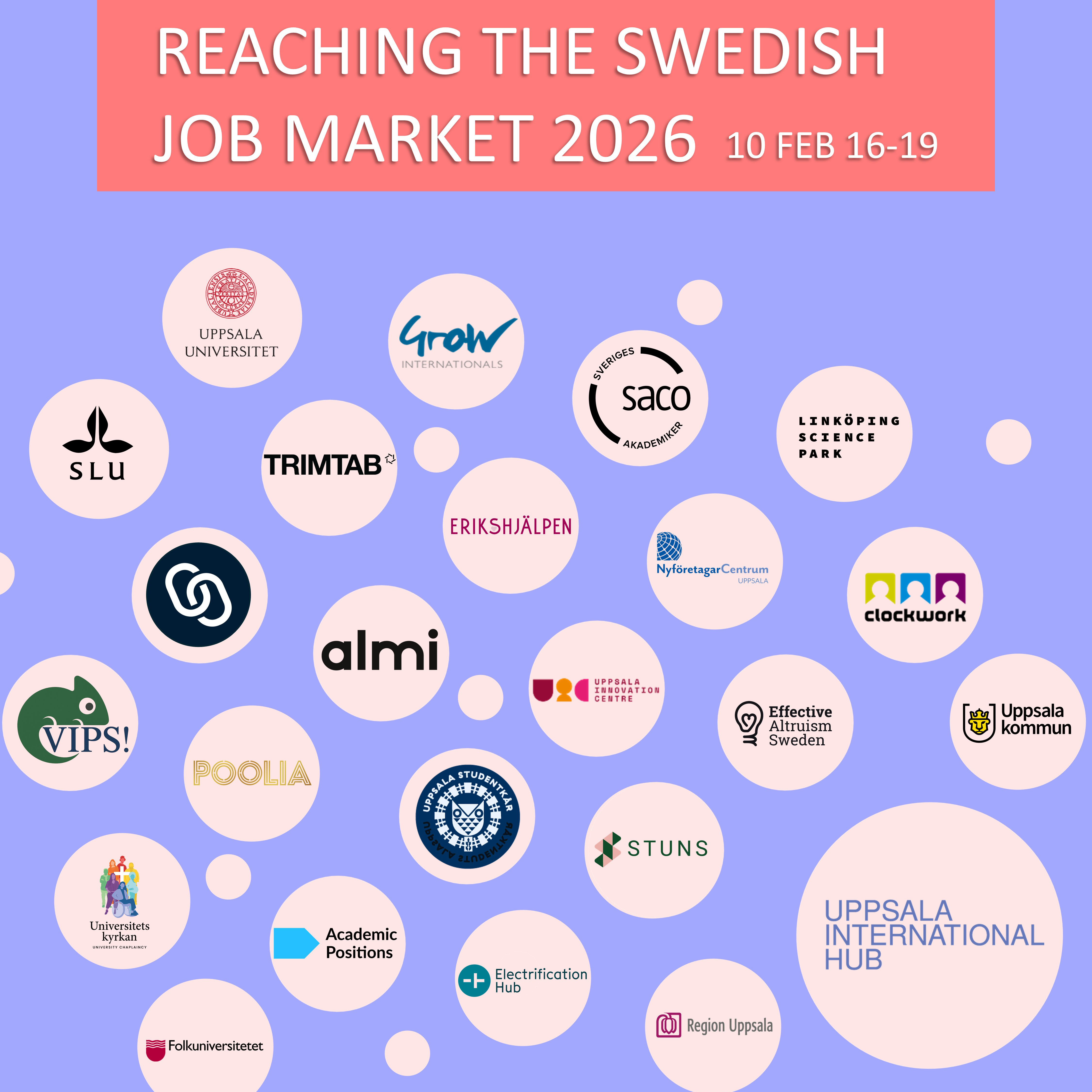 Bild för evenemanget “Reaching the Swedish Job Market 2026” den 10 februari, med logotyper från medverkande organisationer.